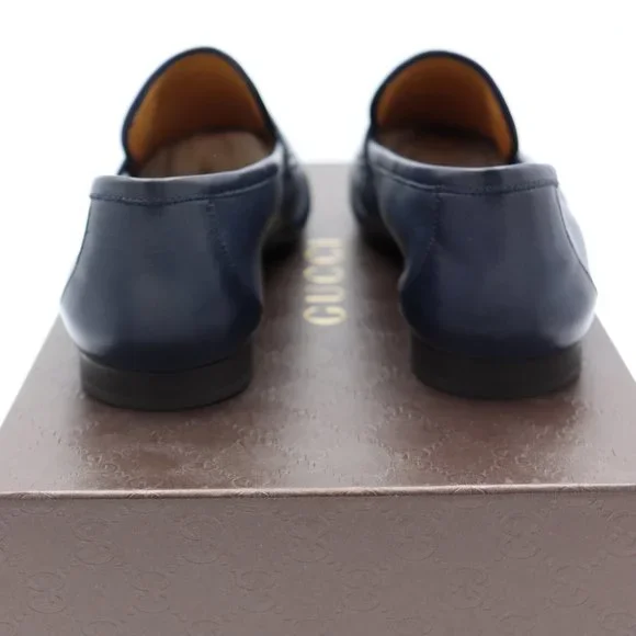 NIB Gucci Mens Navy Blue Unlined Leather Slip-on Loafers Shoes - Picture 6 of 9